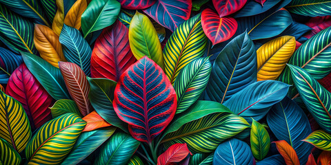 Vibrant tropical leaves in hues of blue, red, yellow, and green creating a lush and exotic pattern, tropical, leaves, vibrant, exotic
