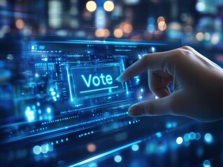 Voting in the Digital Age: Hand Pressing "Vote" Button on Virtual Screen for Modern Election System Concept