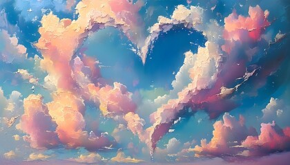 Abstract expression of love in a dreamy sky filled with beautiful clouds and a colorful nature backdrop