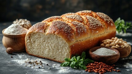 Freshly baked bread with ingredients and herbs on a dark background.