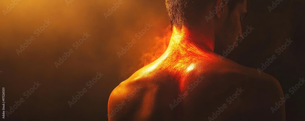 Poster a close-up view of a person's back illuminated by warm light, highlighting details of skin and muscl