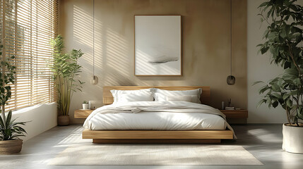 A minimalist bedroom with a wooden platform bed, white linens, and natural light streaming through blinds.