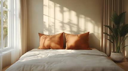 A minimalist bedroom with two orange pillows on a bed, a plant, and a window with sunlight streaming in.