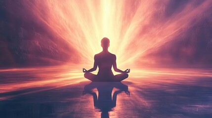 A serene figure meditating amidst vibrant light, embodying peace and spiritual awakening in a calming atmosphere.