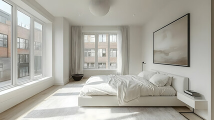 A modern and minimalist bedroom with a large bed, white walls, and large windows.
