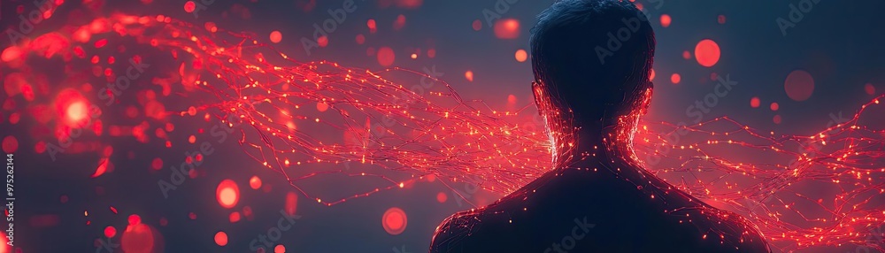 Poster An abstract representation of connectivity and technology, featuring a figure surrounded by luminous red particles and light trails.