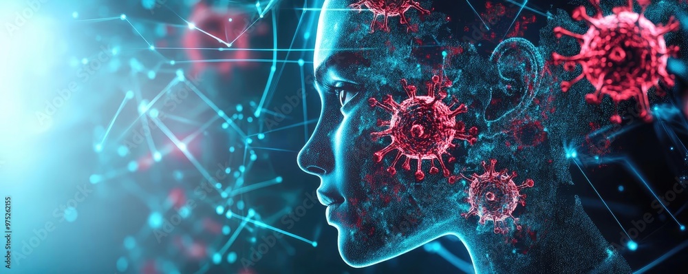 Aufkleber A conceptual image showcasing the intersection of technology and health, presenting a face interacting with virus structures.