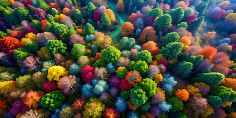Fototapeta premium Fantasy aerial view of a vibrant and colorful abstract forest landscape , mysterious, land, fantasy, abstract