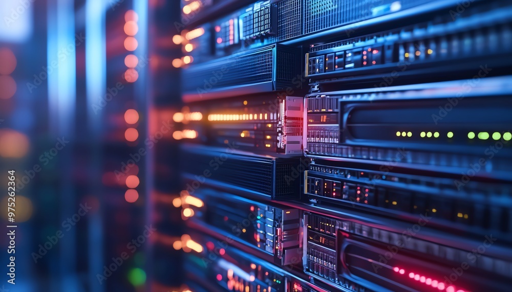 Poster server rack with illuminated indicators and data processing lights