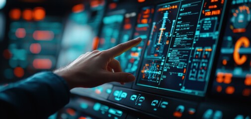 Obraz premium A close-up of a hand interacting with a high-tech control panel, featuring illuminated screens and complex data displays.