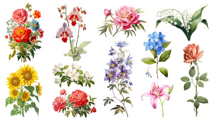 PNG vintage flower element set, transparent background