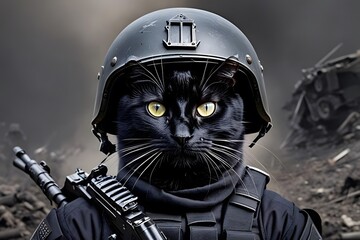 black cat in world war 3 wearing protection armor. survival for fittest. Generative AI