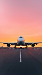 Front view of a large airplane on the runway during a beautiful sunset, ready for takeoff under a vibrant sky.