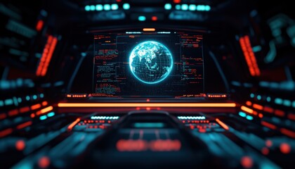 Fototapeta premium Futuristic control room with neon lights, central digital interface, and high-tech computer systems, depicting advanced technology.