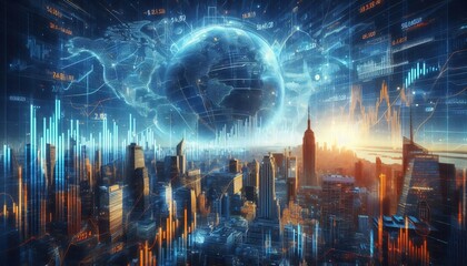 Fototapeta premium Global Financial Market Data with Cityscape Skyline