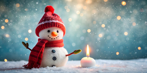 Fototapeta premium Snowman in red scarf holding a candle, Snowman, cute, winter, holiday, decoration, seasonal, Christmas, snow, cold, festive