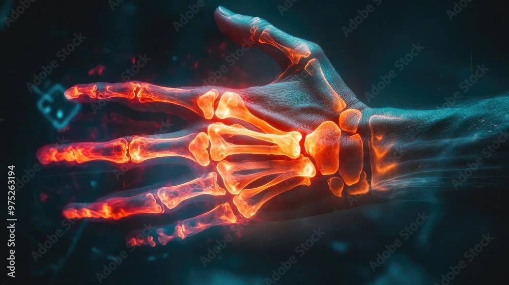 Poster a detailed view of a human hand skeleton, illuminated with vibrant colors, showcasing the bone struc
