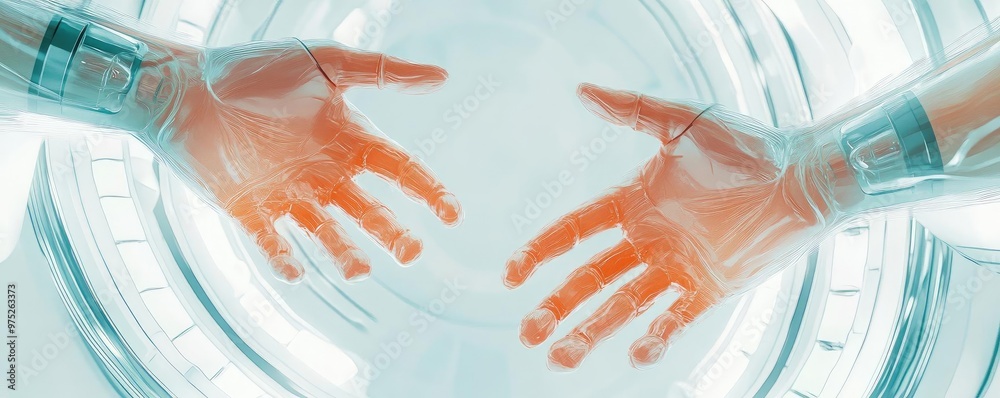 Poster futuristic robotic hands reach out, symbolizing connection and innovation in technology and human in