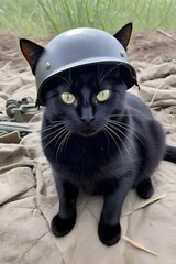 black cat in world war 3 wearing protection armor. survival for fittest. Generative AI