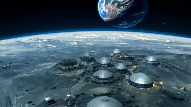 Aerial night view of a human base on the moon. The moon base's solar panels capture sunlight, symbolizing sustainable energy solutions for future space missions.