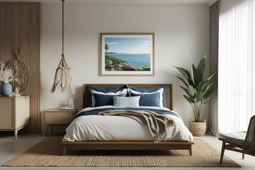 Cozy Coastal Bedroom Frame Mock-Up in Modern Home Interior