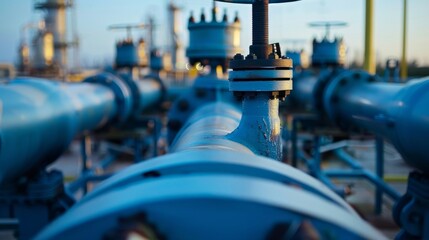 Obraz premium A Close-up Perspective of a Blue Industrial Valve, Pipes and Machinery, Industrial, Valve, Machinery