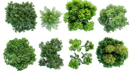 Fototapeta premium Aerial View of Lush Green Tree Canopies, 8 Trees, Isolated on White Background, Nature, Landscape, Foliage, Tree Crowns
