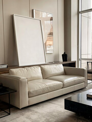 Mockup empty, blank poster frame, white poster frame, sitting on top of a modern sofa,