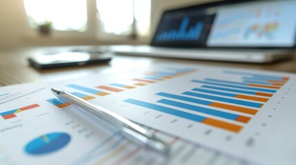 Close-up of a Pen on a Spreadsheet with Blue and Orange Bar Charts, Financial Analysis, Business, Data ,graph ,spreadsheet