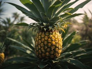 Fototapeta premium pineapple growing on a tree morning