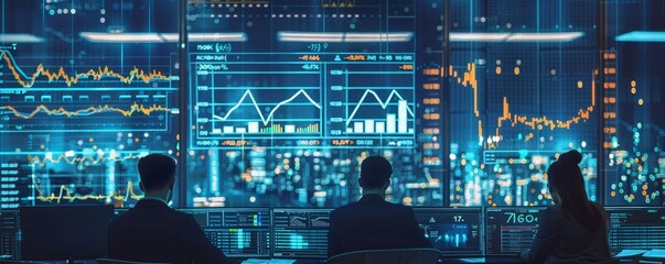 Cybersecurity Professionals Monitoring Network Security, Three People, Blue and Orange Color Scheme, Data Visualization, Network Security, Data Security, Cybersecurity