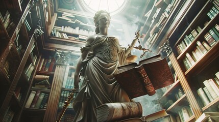 Naklejka premium The Lady of Justice Stands Tall in a Library of Law, Law, Justice, Statue