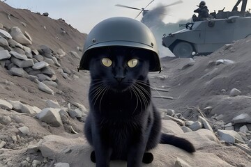 black cat in world war 3 wearing protection armor. survival for fittest. Generative AI