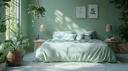 A modern bedroom with a green wall, a large bed with white linens, and natural light streaming in from the window. The room is decorated with plants, wicker lamps, and two framed prints.