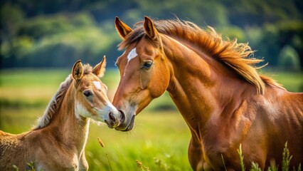 Fototapeta premium In the lush meadow, two entwined horses gaze tenderly at each other, their foals frolicking playfully nearby, their