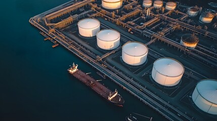 Aerial view of a large oil terminal with multiple storage tanks and a tanker ship docked at the pier.