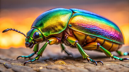 Fototapeta premium Close-up of a vibrant Goldsmith beetle exhibiting its colorful exoskeleton, detailed legs, and antennae details, beetle