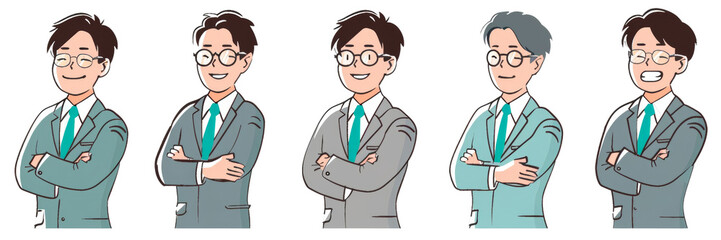 A man in a suit is shown in five different poses