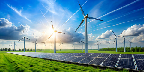 Renewable energy landscape with wind turbines and solar panels , sustainable, eco-friendly