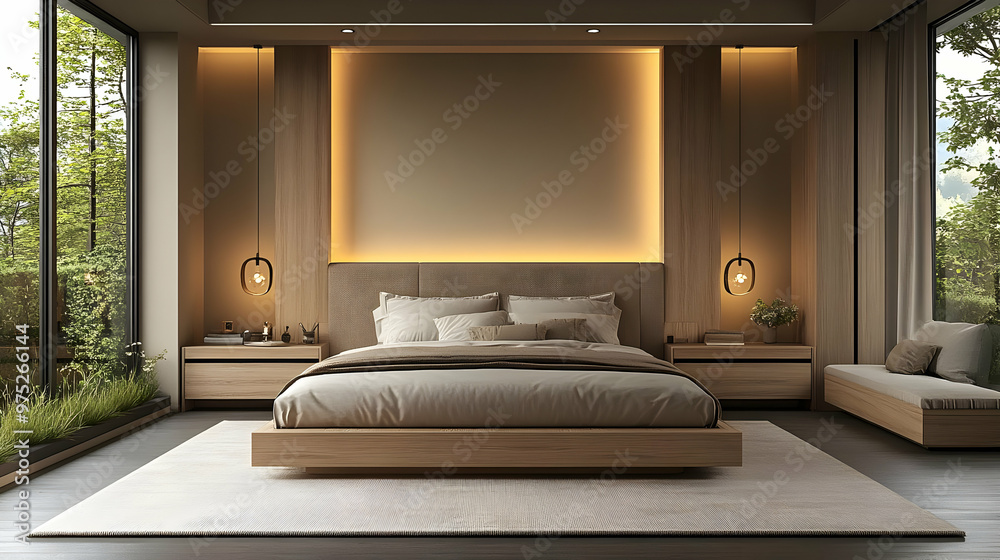 Wall mural A modern bedroom with a king-size bed, bedside tables, a large window, and a wooden floor.