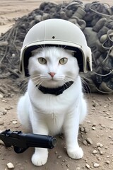 white cat in world war 3 wearing protection armor. survival for fittest. Generative AI
