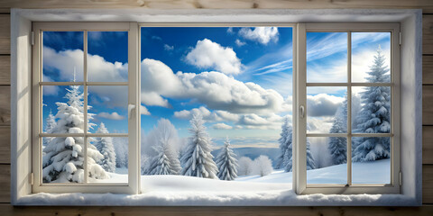 Snowy winter scene with fluffy clouds outside a window, snow, clouds, view, winter, weather, frost, frosty, freeze, cold, icy