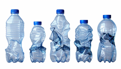 Five plastic bottles of water are shown in a row