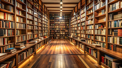 A cozy bookstore with rows of shelves filled with books, library, bookstore, education, reading, literature, knowledge
