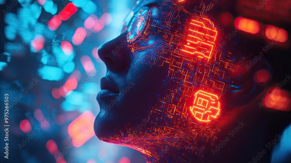 Poster a futuristic portrait of a person with glowing digital patterns on their face, representing technolo