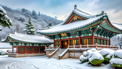 Obraz premium Korean temple covered in snow during winter season, Korea, temple, snow, winter, cold, traditional, architecture, Asia