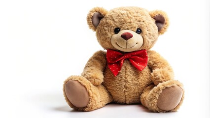 Obraz premium On a pure white canvas, a teddy bear beams with happiness as it wears a vibrant red bow