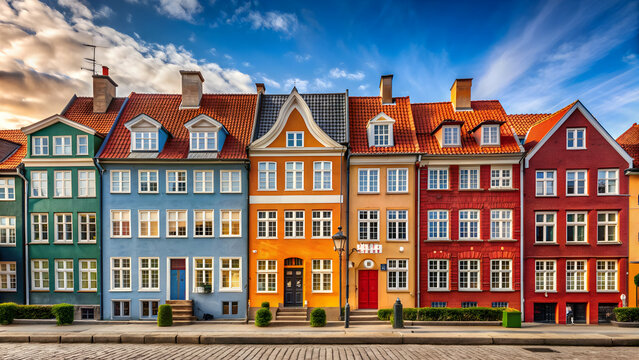 Historic row houses painted in shades of orange in Nyboder, Copenhagen, Denmark, Nyboder, Copenhagen, Denmark