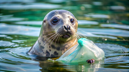 A seal playing with plastic bag in polluted water, seal, wildlife, ocean, pollution, plastic, marine life