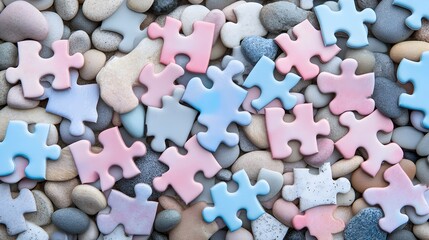 Pastel Jigsaw Puzzle Pieces on Pebble Surface Depicting Business Connectivity and Diversity